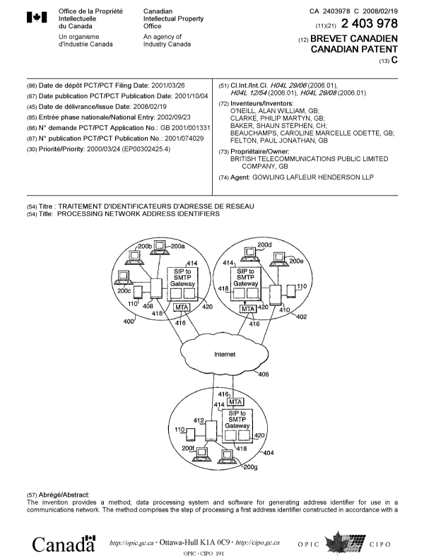 Document de brevet canadien 2403978. Page couverture 20080201. Image 1 de 2