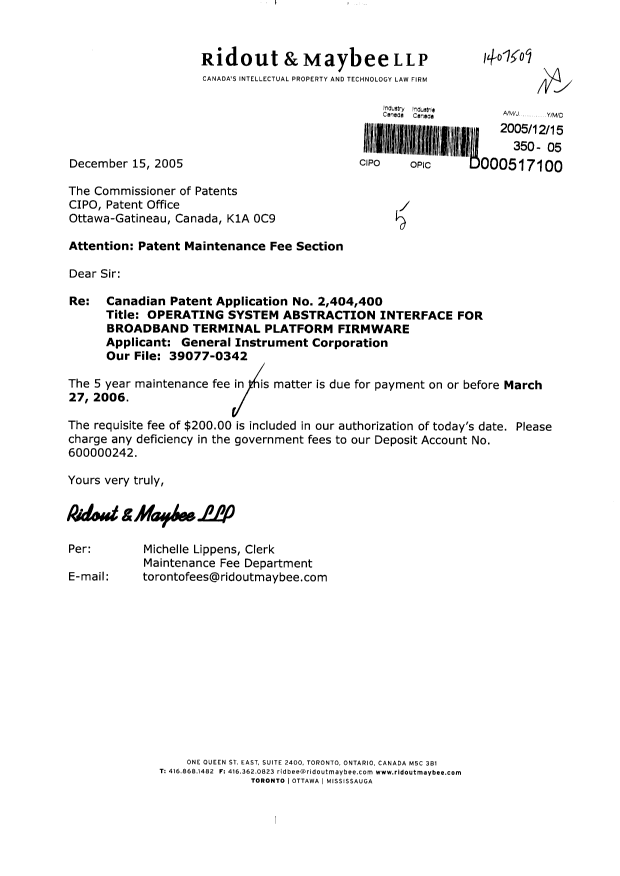 Canadian Patent Document 2404400. Fees 20051215. Image 1 of 1