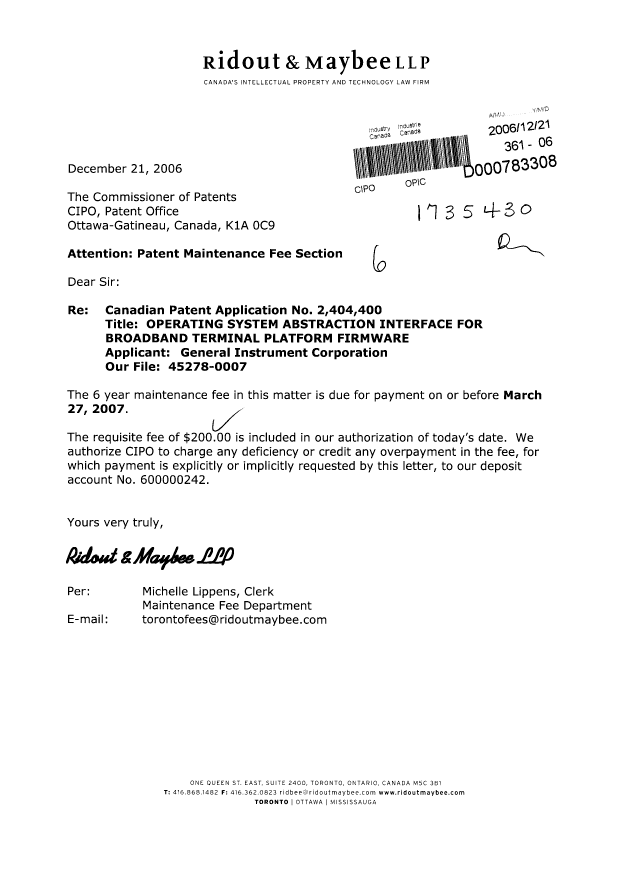Canadian Patent Document 2404400. Fees 20061221. Image 1 of 1