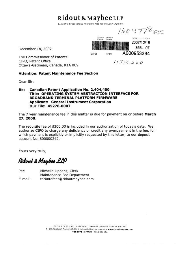 Document de brevet canadien 2404400. Taxes 20071218. Image 1 de 1
