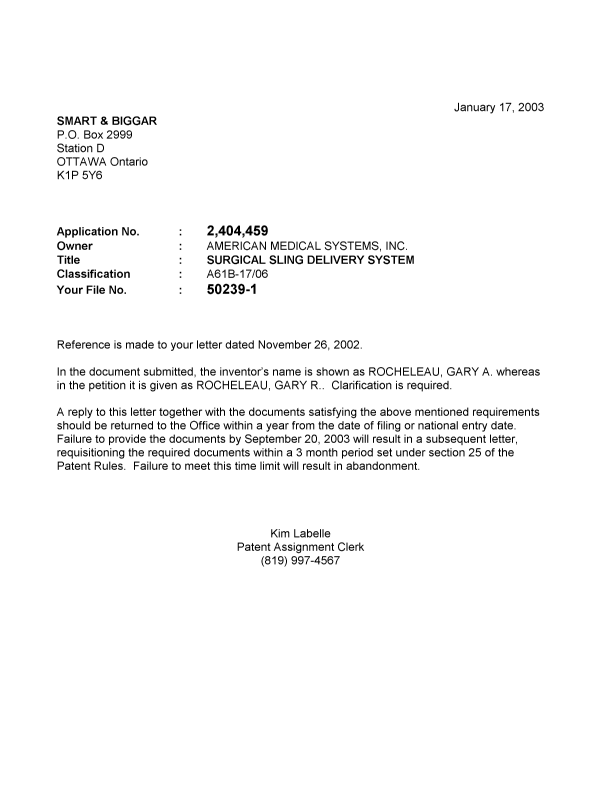 Document de brevet canadien 2404459. Correspondance 20030117. Image 1 de 1