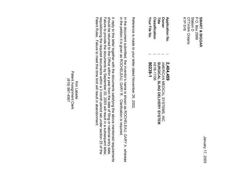 Canadian Patent Document 2404459. Correspondence 20030117. Image 1 of 1