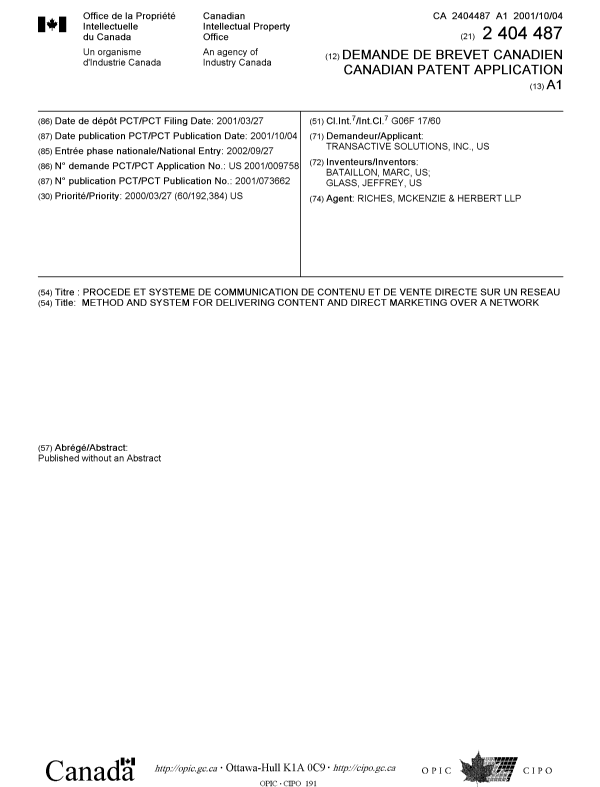 Canadian Patent Document 2404487. Cover Page 20021223. Image 1 of 1
