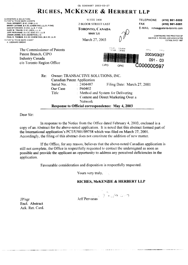 Canadian Patent Document 2404487. Correspondence 20021227. Image 1 of 2
