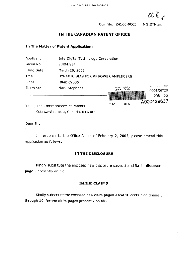 Canadian Patent Document 2404824. Prosecution-Amendment 20050726. Image 1 of 6