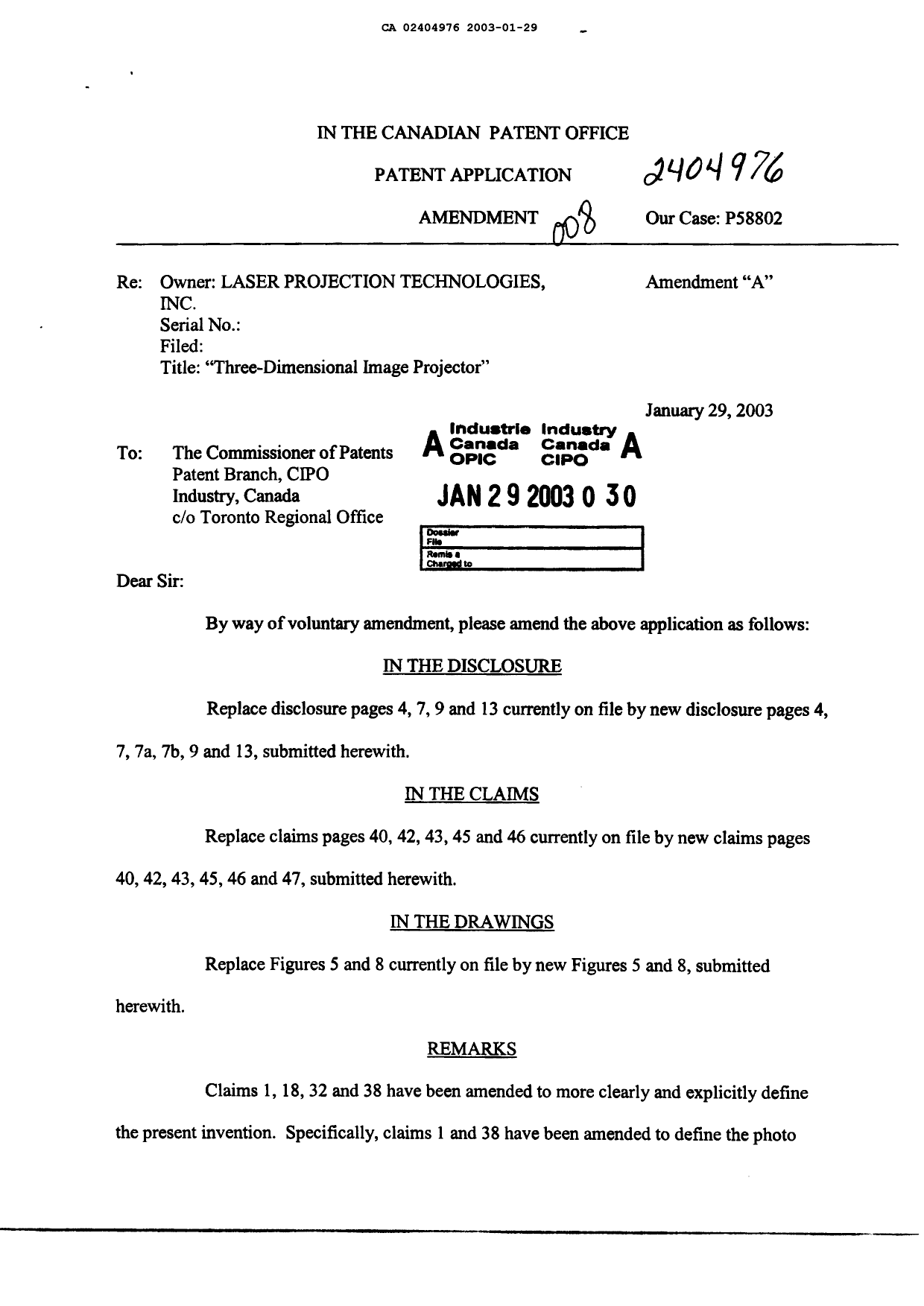 Canadian Patent Document 2404976. Prosecution-Amendment 20030129. Image 1 of 20
