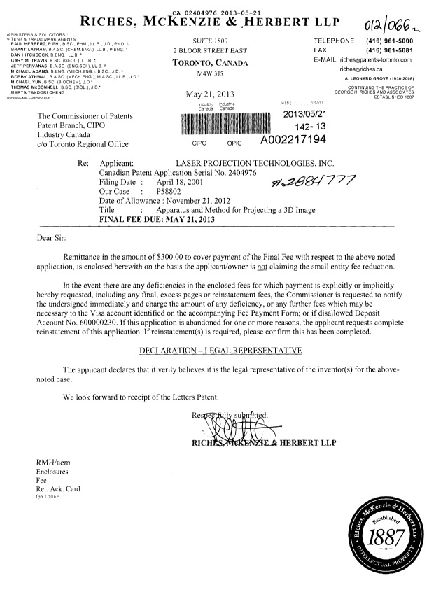 Canadian Patent Document 2404976. Correspondence 20130521. Image 1 of 1