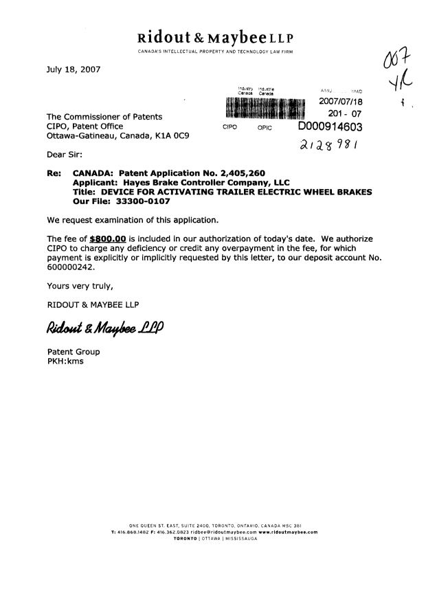 Canadian Patent Document 2405260. Prosecution-Amendment 20070718. Image 1 of 1