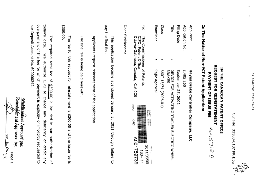 Canadian Patent Document 2405260. Prosecution-Amendment 20110509. Image 1 of 2
