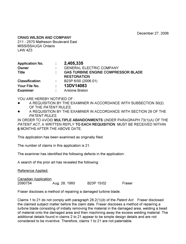 Canadian Patent Document 2405335. Prosecution-Amendment 20061227. Image 1 of 2