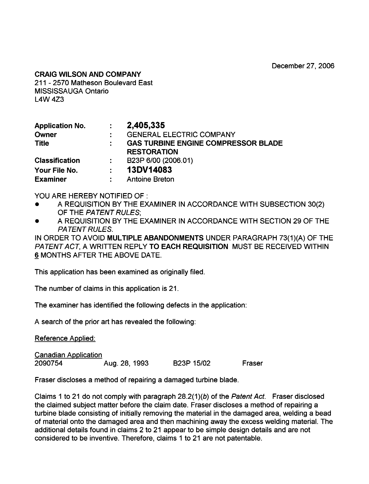 Canadian Patent Document 2405335. Prosecution-Amendment 20061227. Image 1 of 2