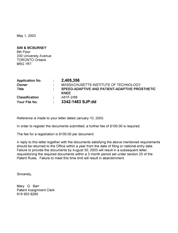Canadian Patent Document 2405356. Correspondence 20030501. Image 1 of 1