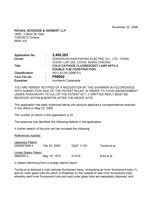 Canadian Patent Document 2405383. Prosecution-Amendment 20061122. Image 1 of 2