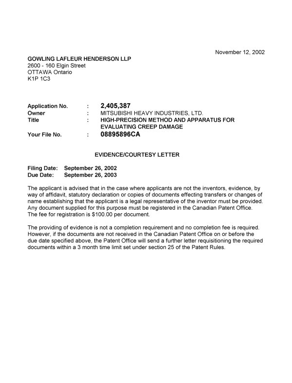 Canadian Patent Document 2405387. Correspondence 20021108. Image 1 of 1