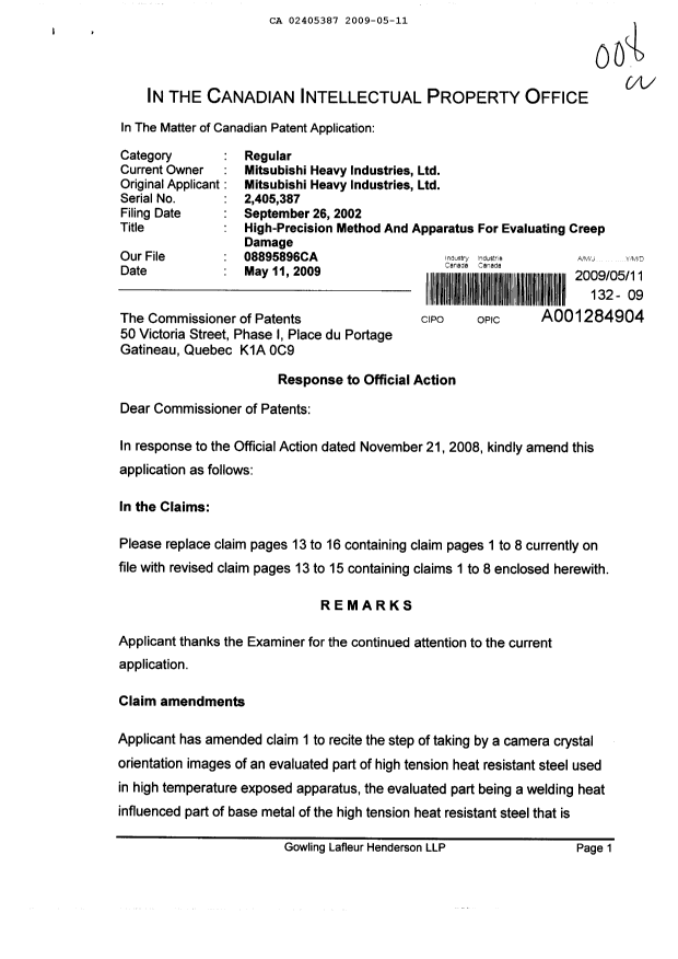 Canadian Patent Document 2405387. Prosecution-Amendment 20090511. Image 1 of 9