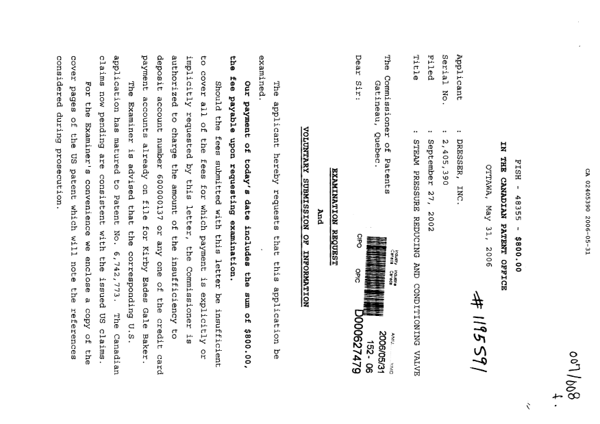 Canadian Patent Document 2405390. Prosecution-Amendment 20060531. Image 1 of 2