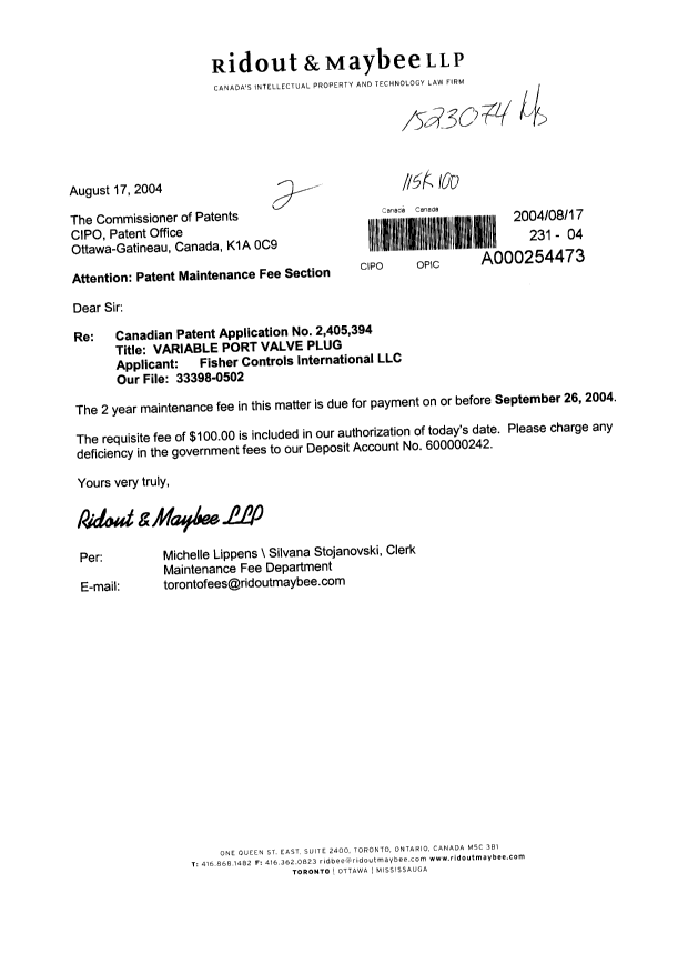 Canadian Patent Document 2405394. Fees 20040817. Image 1 of 1