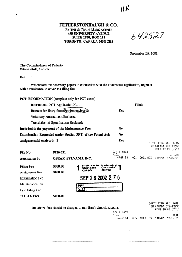 Document de brevet canadien 2405398. Cession 20020926. Image 1 de 7