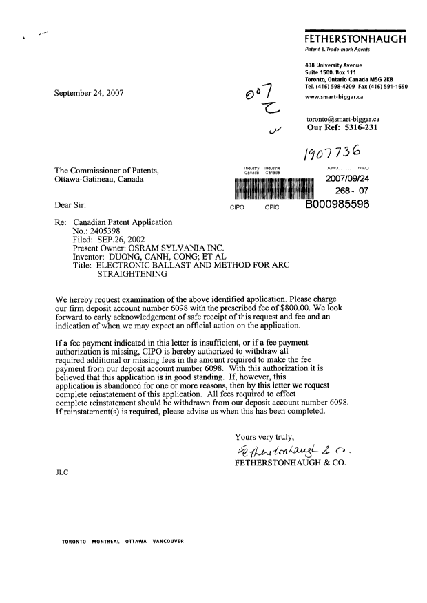 Canadian Patent Document 2405398. Prosecution-Amendment 20070924. Image 1 of 1