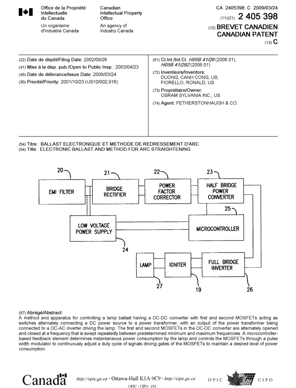 Document de brevet canadien 2405398. Page couverture 20090304. Image 1 de 1