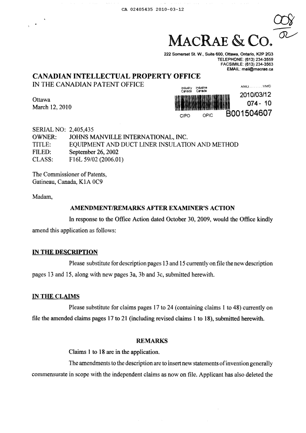 Document de brevet canadien 2405435. Poursuite-Amendment 20100312. Image 1 de 17