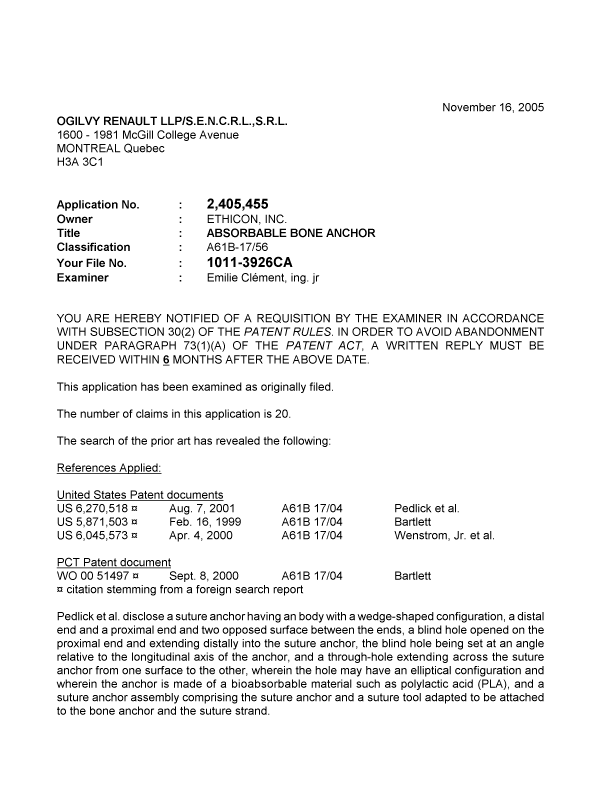 Document de brevet canadien 2405455. Poursuite-Amendment 20051116. Image 1 de 3
