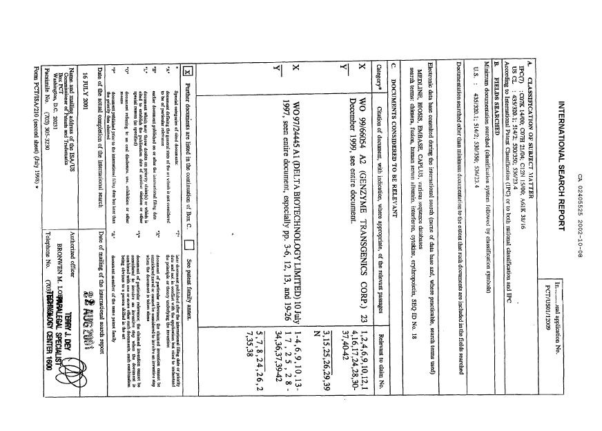 Canadian Patent Document 2405525. PCT 20021008. Image 1 of 2