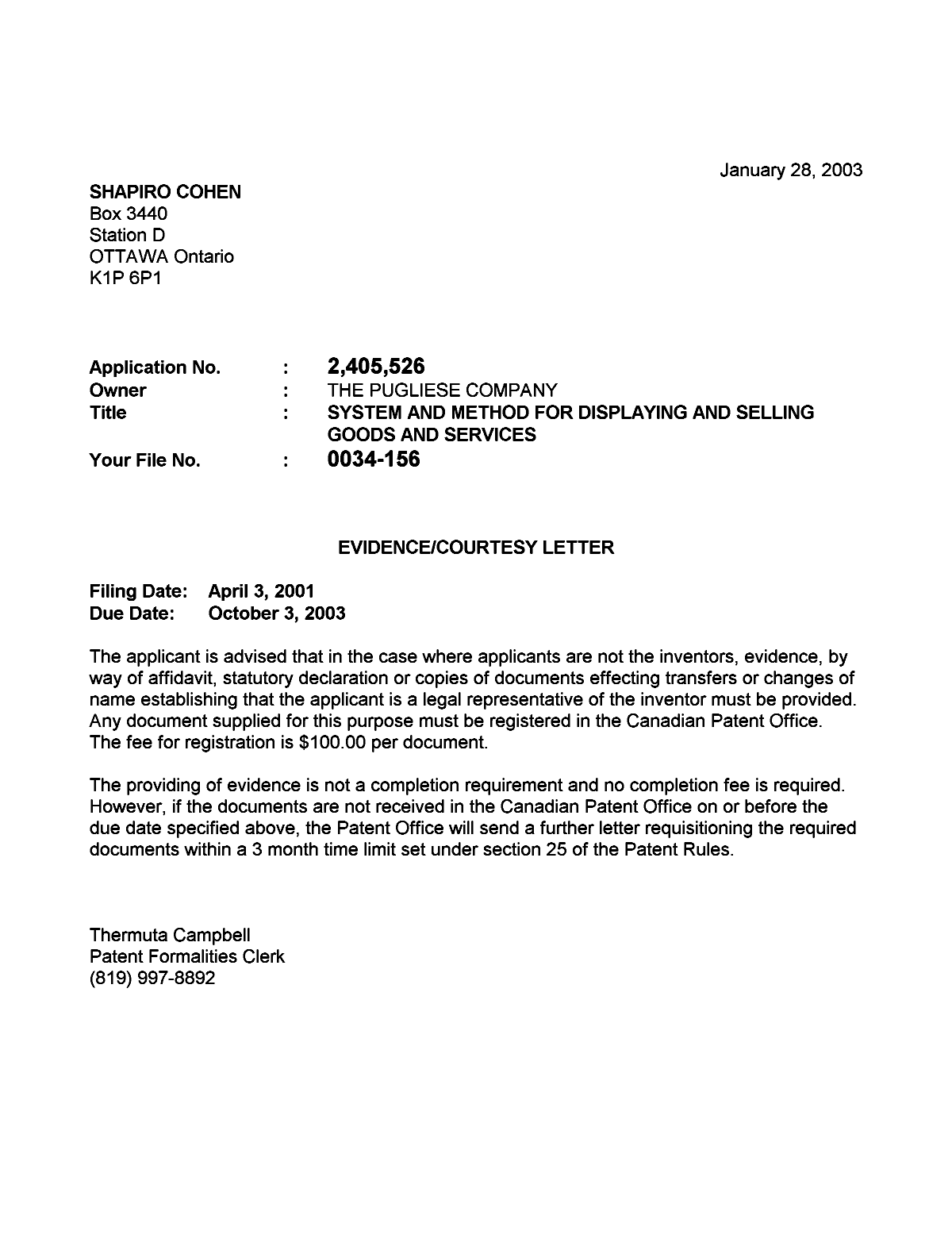 Canadian Patent Document 2405526. Correspondence 20030123. Image 1 of 1