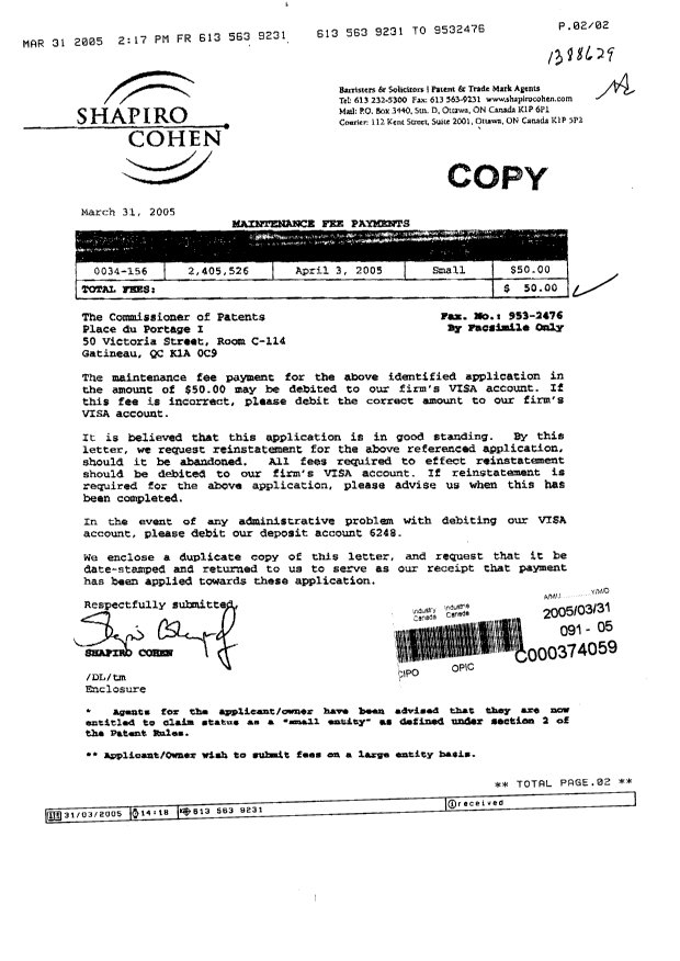 Canadian Patent Document 2405526. Fees 20050331. Image 1 of 1