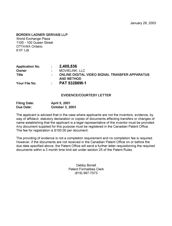 Canadian Patent Document 2405536. Correspondence 20021223. Image 1 of 1