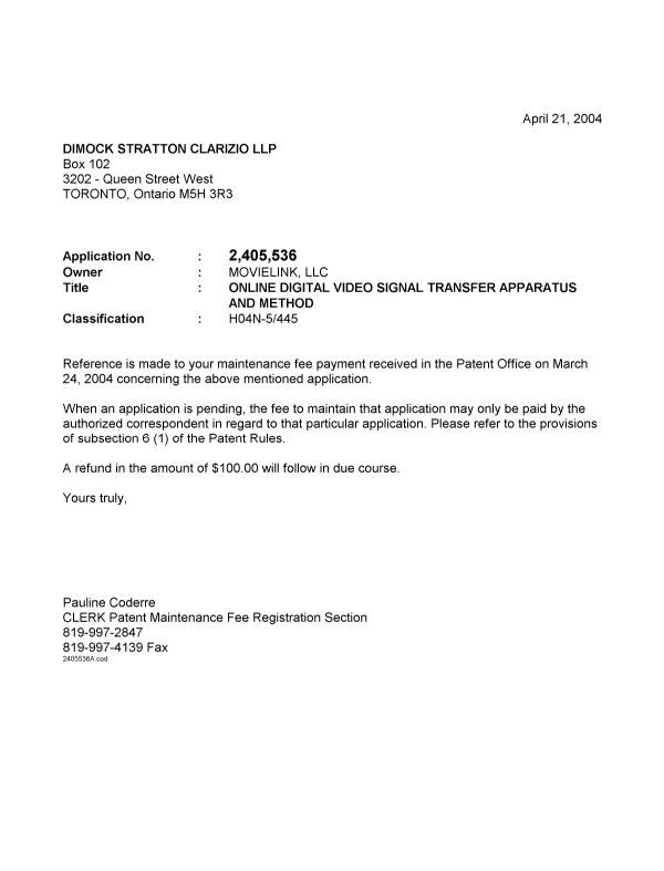 Canadian Patent Document 2405536. Correspondence 20031221. Image 1 of 1