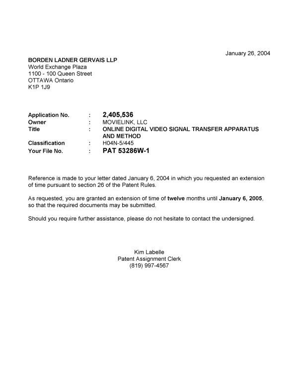 Canadian Patent Document 2405536. Correspondence 20031226. Image 1 of 1