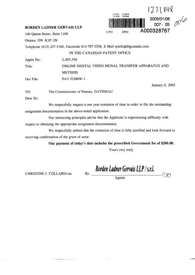 Canadian Patent Document 2405536. Correspondence 20041206. Image 1 of 1