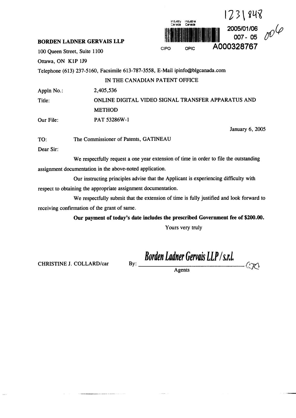 Document de brevet canadien 2405536. Correspondance 20041206. Image 1 de 1