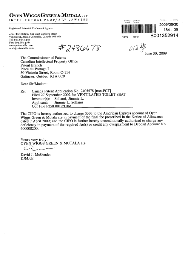 Canadian Patent Document 2405578. Correspondence 20090630. Image 1 of 1