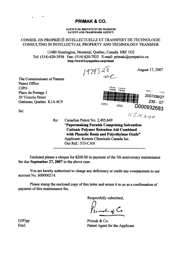 Canadian Patent Document 2405649. Fees 20070827. Image 1 of 1