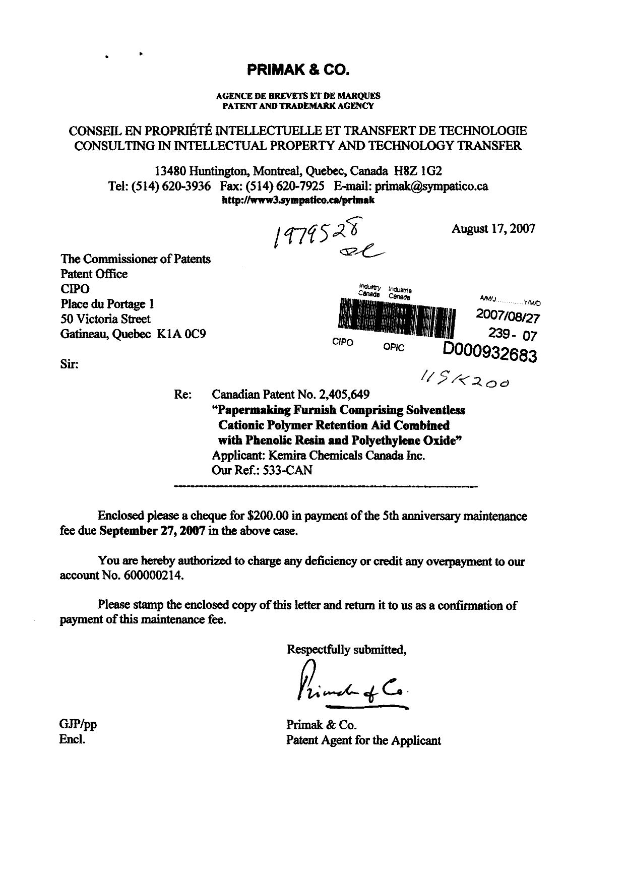 Canadian Patent Document 2405649. Fees 20070827. Image 1 of 1