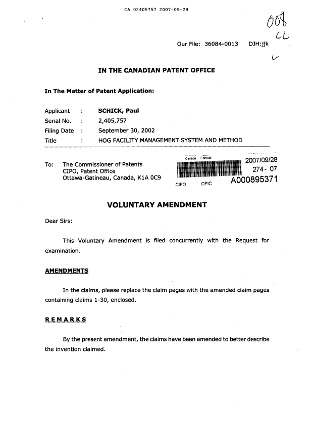 Document de brevet canadien 2405757. Poursuite-Amendment 20070928. Image 1 de 10