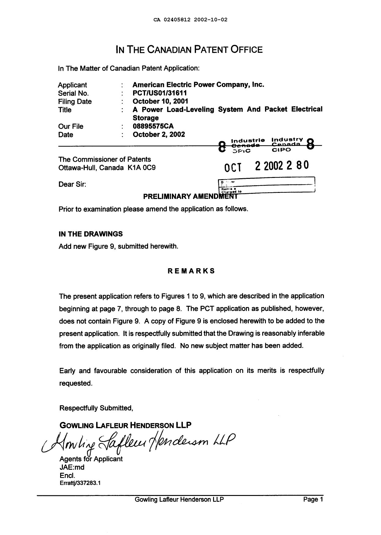 Canadian Patent Document 2405812. Prosecution-Amendment 20011202. Image 1 of 2