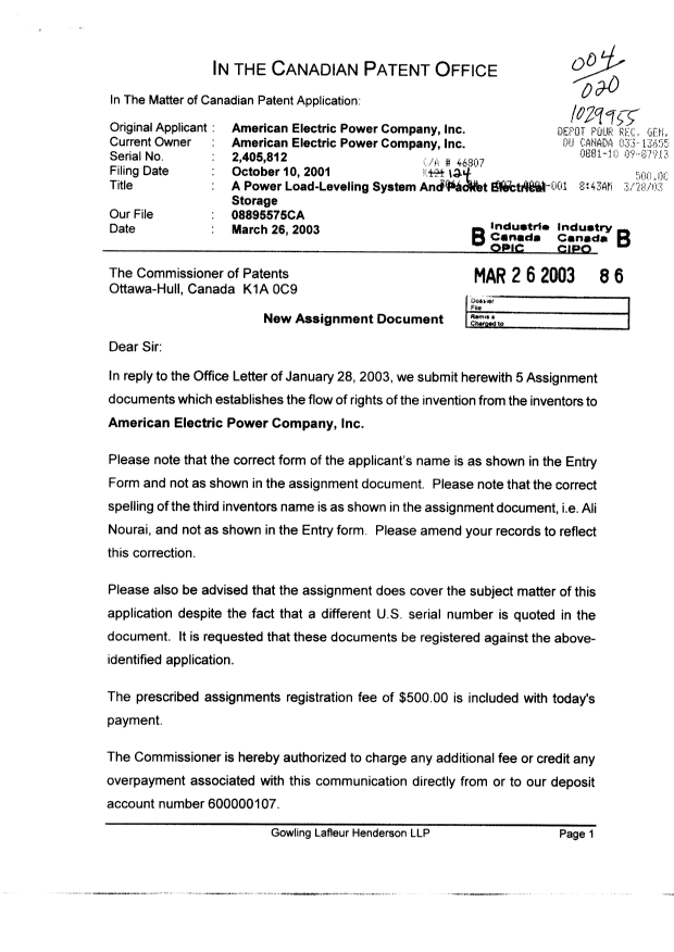 Document de brevet canadien 2405812. Correspondance 20021226. Image 1 de 2