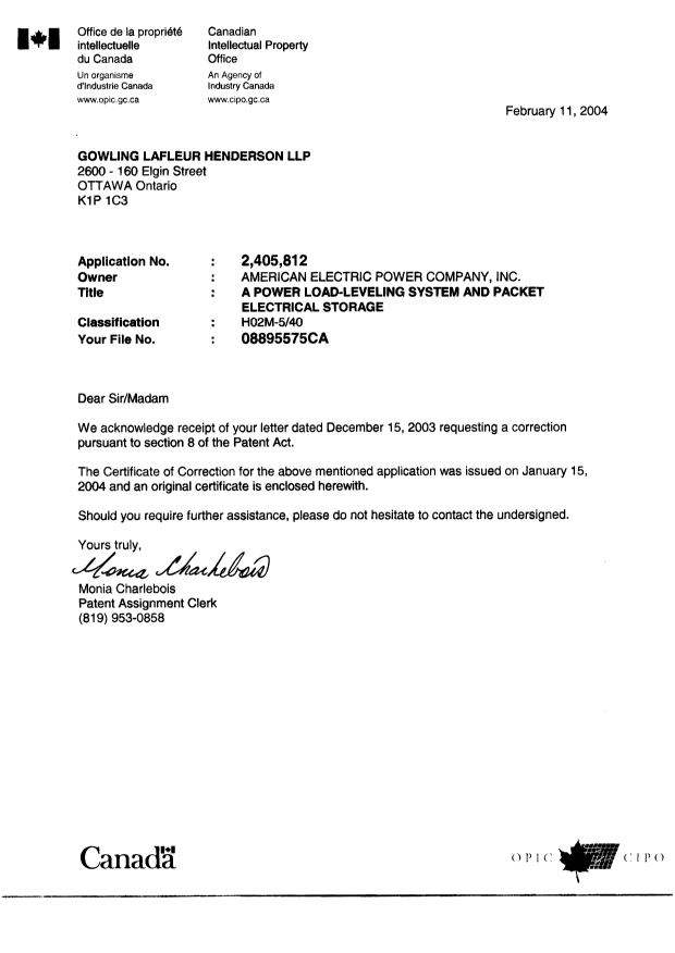Canadian Patent Document 2405812. Prosecution-Amendment 20031211. Image 1 of 2
