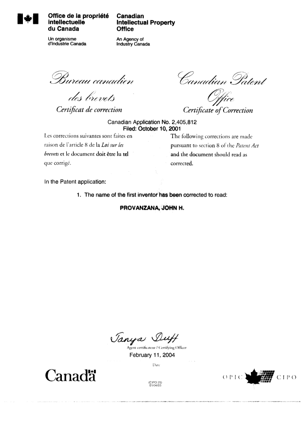 Document de brevet canadien 2405812. Poursuite-Amendment 20031211. Image 2 de 2