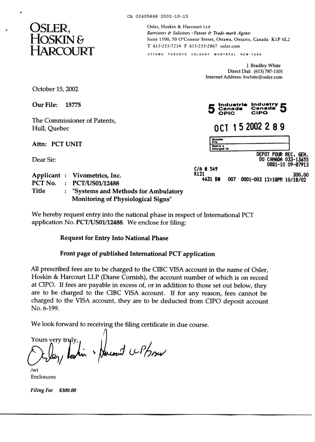 Canadian Patent Document 2405848. Assignment 20021015. Image 1 of 2