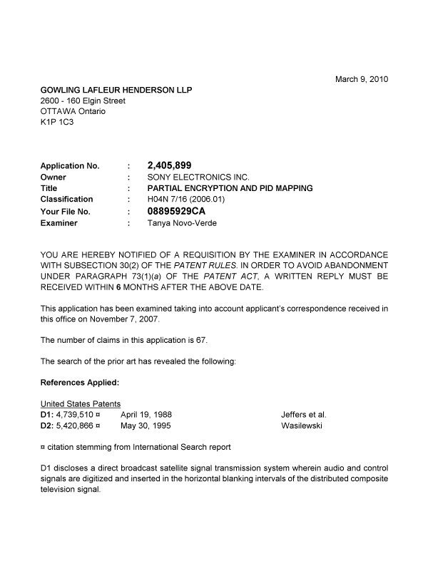 Canadian Patent Document 2405899. Prosecution-Amendment 20100309. Image 1 of 3