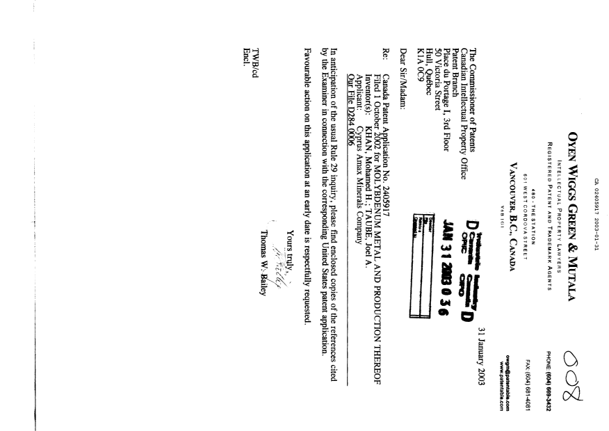 Canadian Patent Document 2405917. Prosecution-Amendment 20030131. Image 1 of 1