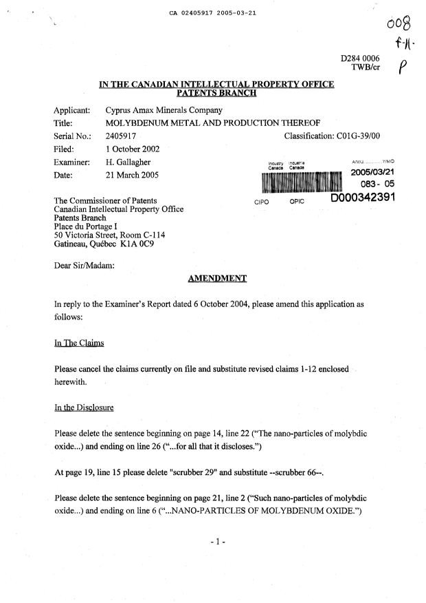 Canadian Patent Document 2405917. Prosecution-Amendment 20050321. Image 1 of 9