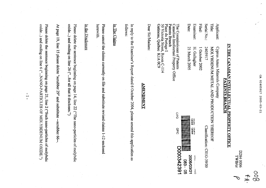 Canadian Patent Document 2405917. Prosecution-Amendment 20050321. Image 1 of 9