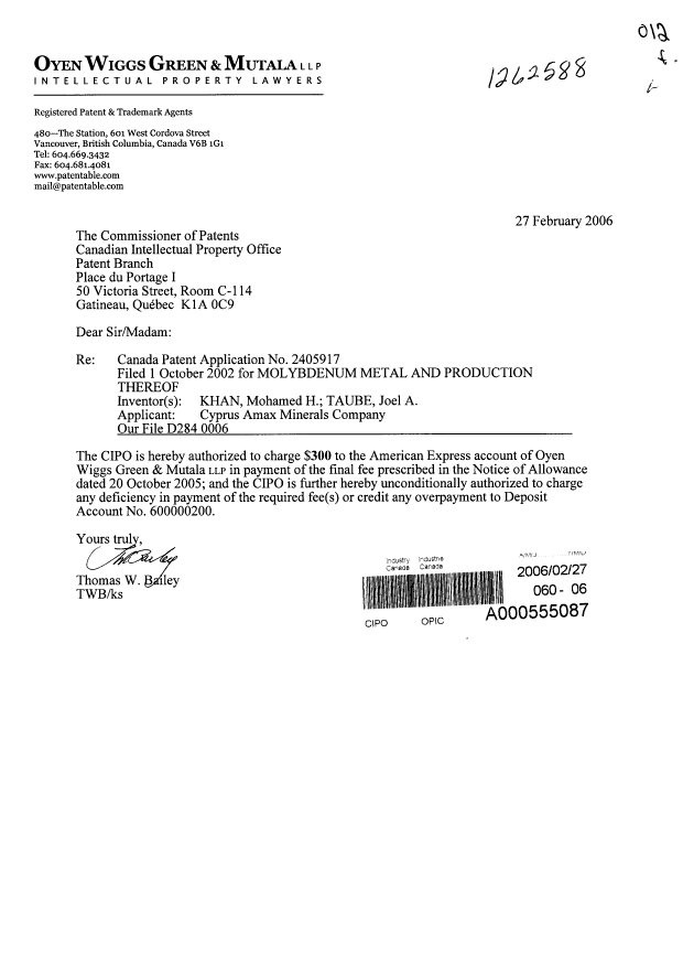 Canadian Patent Document 2405917. Correspondence 20060227. Image 1 of 1