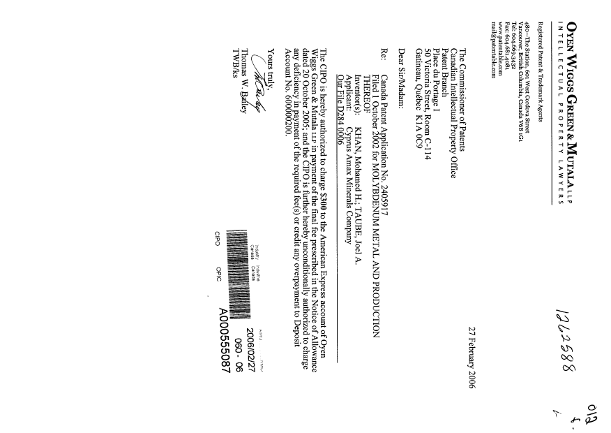Document de brevet canadien 2405917. Correspondance 20060227. Image 1 de 1