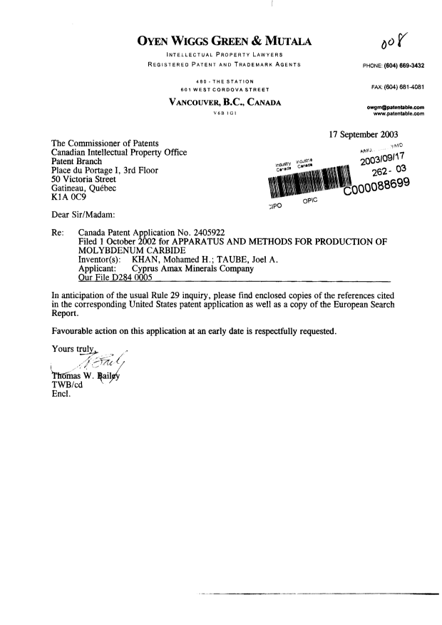 Document de brevet canadien 2405922. Poursuite-Amendment 20030917. Image 1 de 1